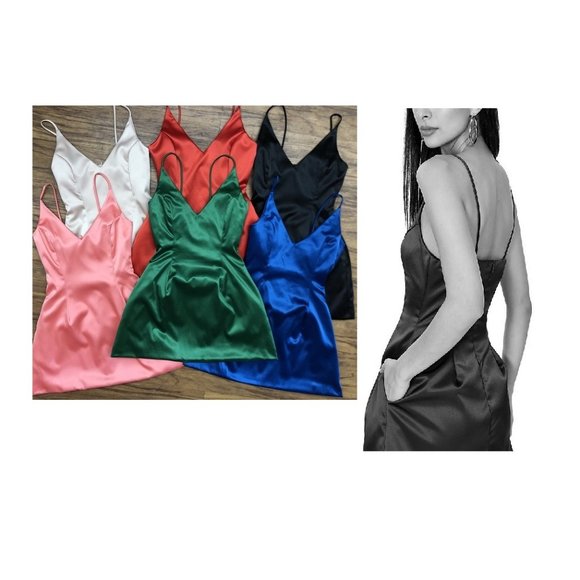 Black dress satin sleeveless with pockets on both sides - Picture 1 of 6